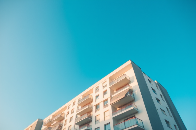 Capture a modern residential building with a focus on the balconies, shot from a low angle looking up against a clear blue sky, using a DSLR camera with a 50mm lens, aperture set to f/8 for depth of field, and ISO 100 for optimal clarity.