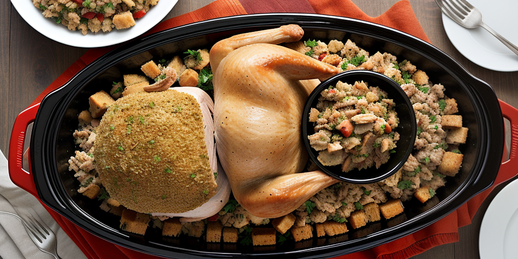 Deliciously Prepared Roast Turkey Surrounded by Savory Stuffing and Sides