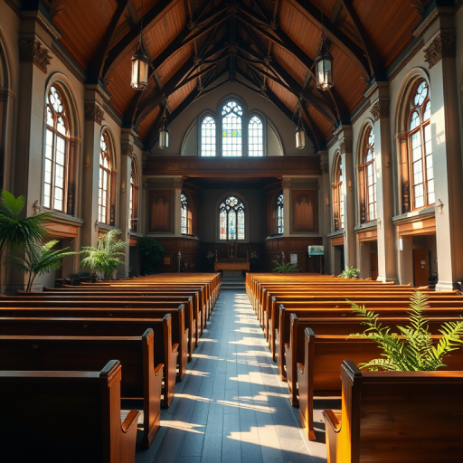 interior of an elegant church with wooden pews and lush greenery, wide-angle view, f/8 aperture, ISO 100, 24mm lens, natural sunlight illuminating the space, high dynamic range photography, DSLR camera