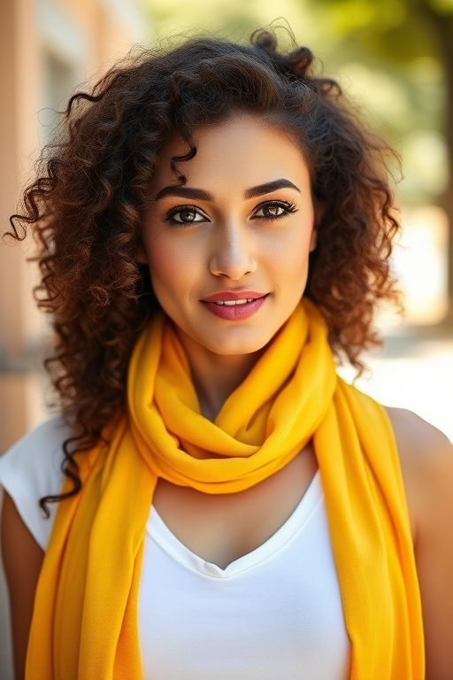 portrait of a woman with curly hair wearing a white top and a yellow scarf, sunlit outdoor setting, soft focus, f/2.8 aperture, ISO 100, 50mm lens, natural light, shallow depth of field