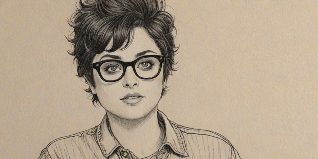 Gorgeous Billie Joe Armstrong, pencil sketch, portrait of Comely woman 1955s in glasses, hair style beatnik, outline, clear lines, fine lines, 8k