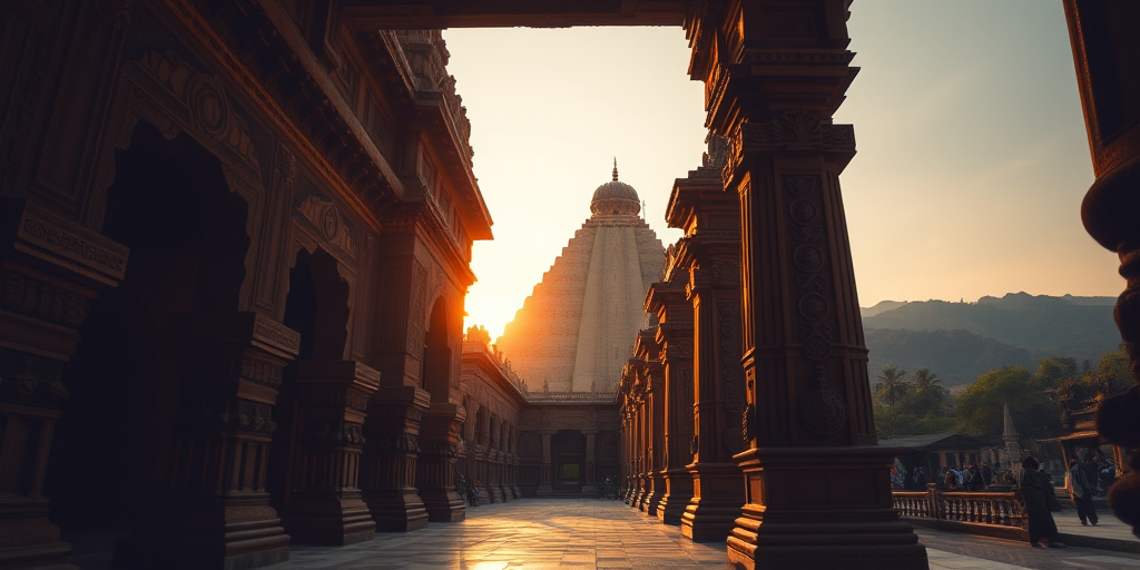 a majestic temple interior with intricate carvings and a pyramidal tower in the background, golden hour lighting casting warm hues, taken with a DSLR camera, f/8 aperture, 24mm focal length, ISO 100, natural depth of field, wide-angle view, emphasizing architectural details and surrounding landscape