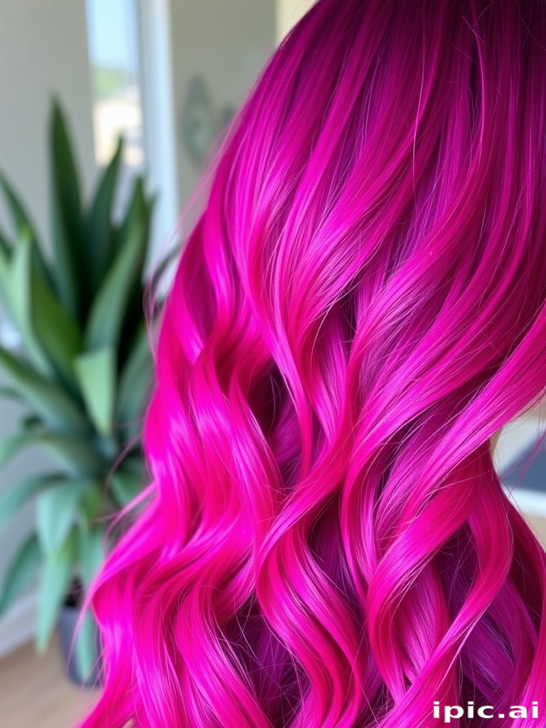 Vibrant magenta ombre hair cascading in loose waves, known as "Sunset Serenade," featuring subtle metallic highlights and a soft, feathered texture that catches the light beautifully