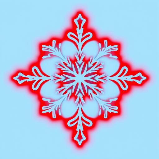 Generate an image of a snowflake design with a blue background and a red border, using a DSLR camera with a wide aperture (f/2.8), ISO 100, 50mm lens, taken from a frontal view, high dynamic range.