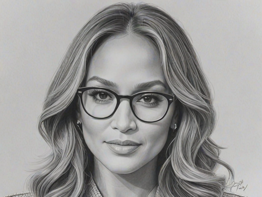 Radiant Jennifer Lopez, pencil sketch, portrait of Graceful woman 1969s in glasses, hair style beatnik, outline, clear lines, fine lines, 8k