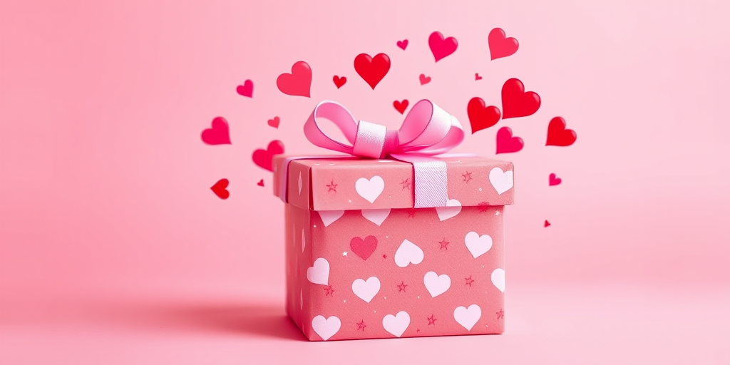 Create a vibrant and playful Valentine's Day themed graphic featuring a beautifully wrapped gift box bursting with hearts and stars against a soft pink background, use a high-resolution digital camera with a 35mm lens, aperture set to f/2.8, ISO 100, and a slight tilt-shift effect for depth enhancement.