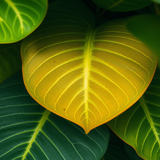 Create a high-resolution image of tropical leaves with intricate leaf veins, shot with a Canon EOS R5 at f/2.8, 1/200s, 50mm lens, in natural light, top-down view, ensuring vibrant colors and sharp details.