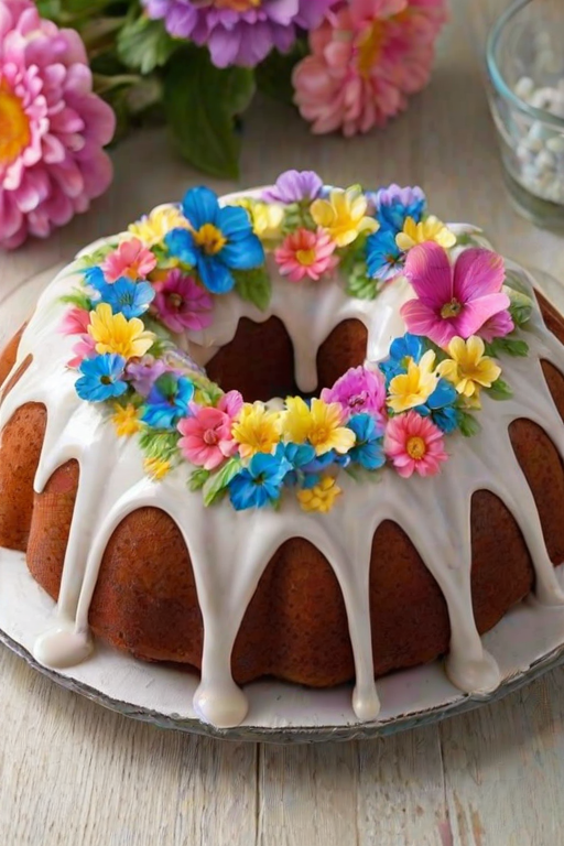 Create an image of a beautifully decorated bundt cake topped with a light glaze and adorned with edible flowers. The cake should be displayed on a clear glass plate with a few flowers scattered around. The background should be bright and inviting, highlighting the cake's texture and colors.
