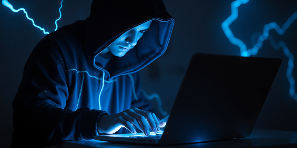 A dark figure in a hooded cloak manipulating a glowing laptop surrounded by electric blue energy, captured with a Canon EOS R5, 50mm lens, f/1.8 aperture, ISO 100, 1/60 sec exposure, illuminated in a low-key lighting style to enhance the atmosphere and detail.