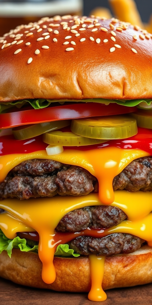 High-resolution, close-up image of a gourmet double cheeseburger. The burger features a glossy, sesame-seed-topped brioche bun. Inside, there are two thick, juicy beef patties, each topped with melted cheddar cheese. The burger is garnished with fresh lettuce, tomato slices, diced onions, and pickles. A generous amount of ketchup and a creamy, orange-colored sauce is dripping down the sides, adding to the mouth-watering appeal. In the background, there are blurred elements including a side of golden French fries and a hint of a beverage, enhancing the overall presentation of a delicious meal.