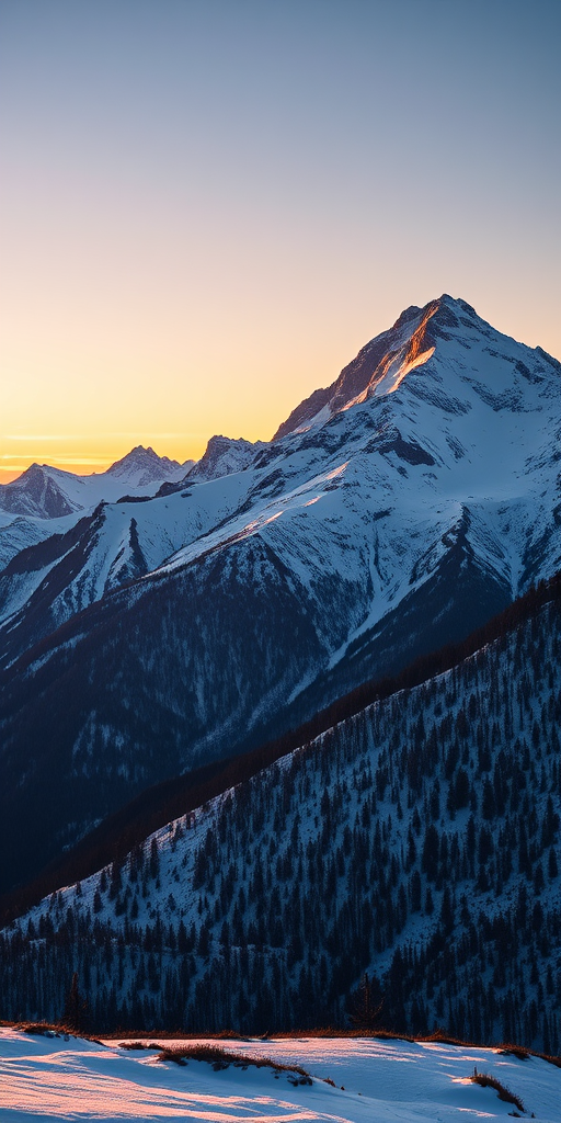Capture a high-resolution image of snowy mountain peaks during golden hour with a DSLR camera using a 50mm lens, aperture set to f/8, ISO 100, shutter speed 1/200 sec, and a wide-angle view to emphasize the landscape's grandeur.