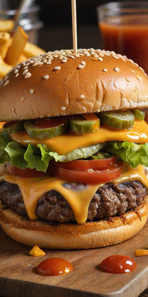 High-resolution, close-up image of a gourmet double cheeseburger. The burger features a glossy, sesame-seed-topped brioche bun. Inside, there are two thick, juicy beef patties, each topped with melted cheddar cheese. The burger is garnished with fresh lettuce, tomato slices, diced onions, and pickles. A generous amount of ketchup and a creamy, orange-colored sauce is dripping down the sides, adding to the mouth-watering appeal. In the background, there are blurred elements including a side of golden French fries and a hint of a beverage, enhancing the overall presentation of a delicious meal.