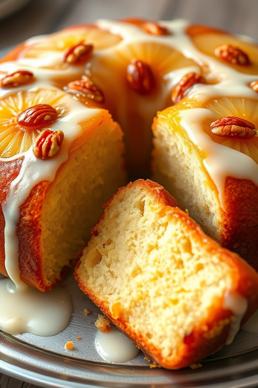 A close-up of a deliciously moist pineapple upside-down cake topped with a creamy glaze and crunchy nuts, showcasing a slice cut out revealing the soft interior, all presented on a silver plate with a blurred background.
