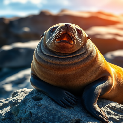 Generate an image of a sea lion lounging on a rock with bright sunlight, shallow depth of field, 50mm lens, f/2.8 aperture, ISO 100, captured with a DSLR camera, vibrant colors and sharp details.