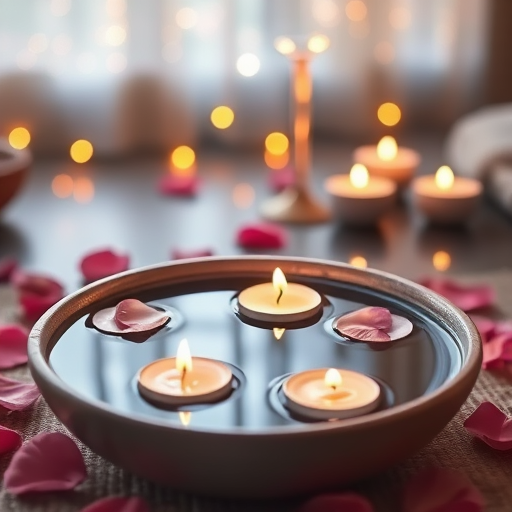 Capture a serene spa scene featuring a bowl of water surrounded by floating candles and rose petals, with soft, warm lighting from fairy lights in the background; use a DSLR camera with a 50mm lens at f/1.8, ISO 200, shutter speed 1/60 sec, in portrait orientation.