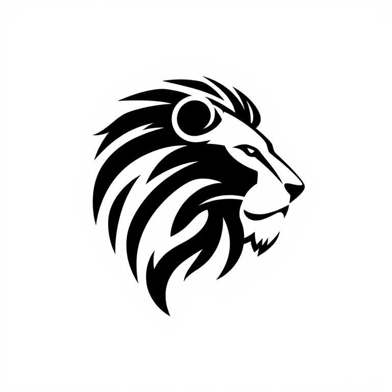 Generate a high-quality illustration of a sleek, modern logo featuring a stylized lion's head in profile view, designed with a minimalist approach, using a Canon EOS R5 camera with a 50mm f/1.2 lens, aperture set to f/2.8, ISO 100, and soft natural lighting to enhance the intricate details and textures.