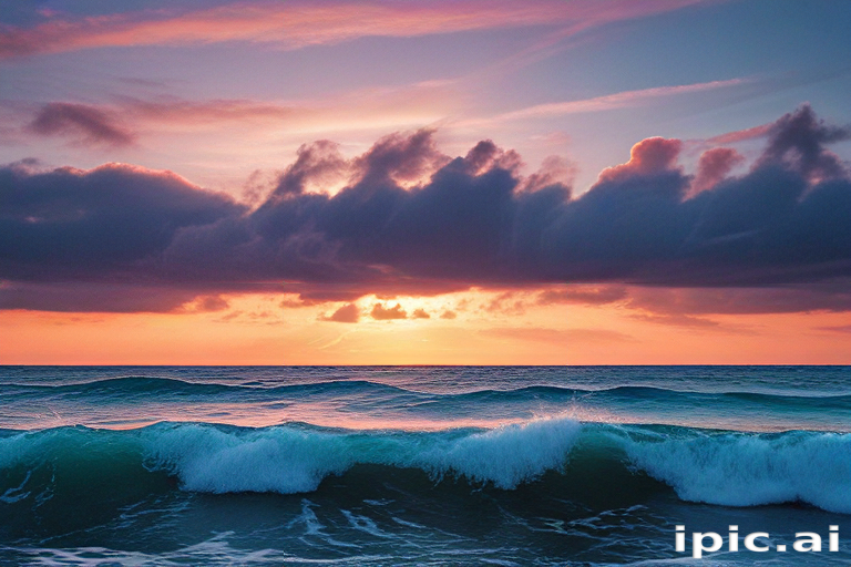 Sunset Over Calm Ocean Waves with Dramatic Clouds in the Sky