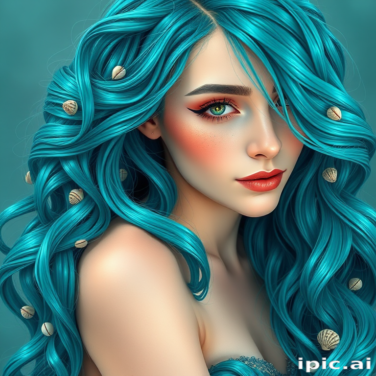 Vibrant teal mermaid waves cascade down her shoulders in the "Oceanic Dreamscape" style, shimmering with iridescent highlights and adorned with tiny seashells woven throughout the lustrous strands