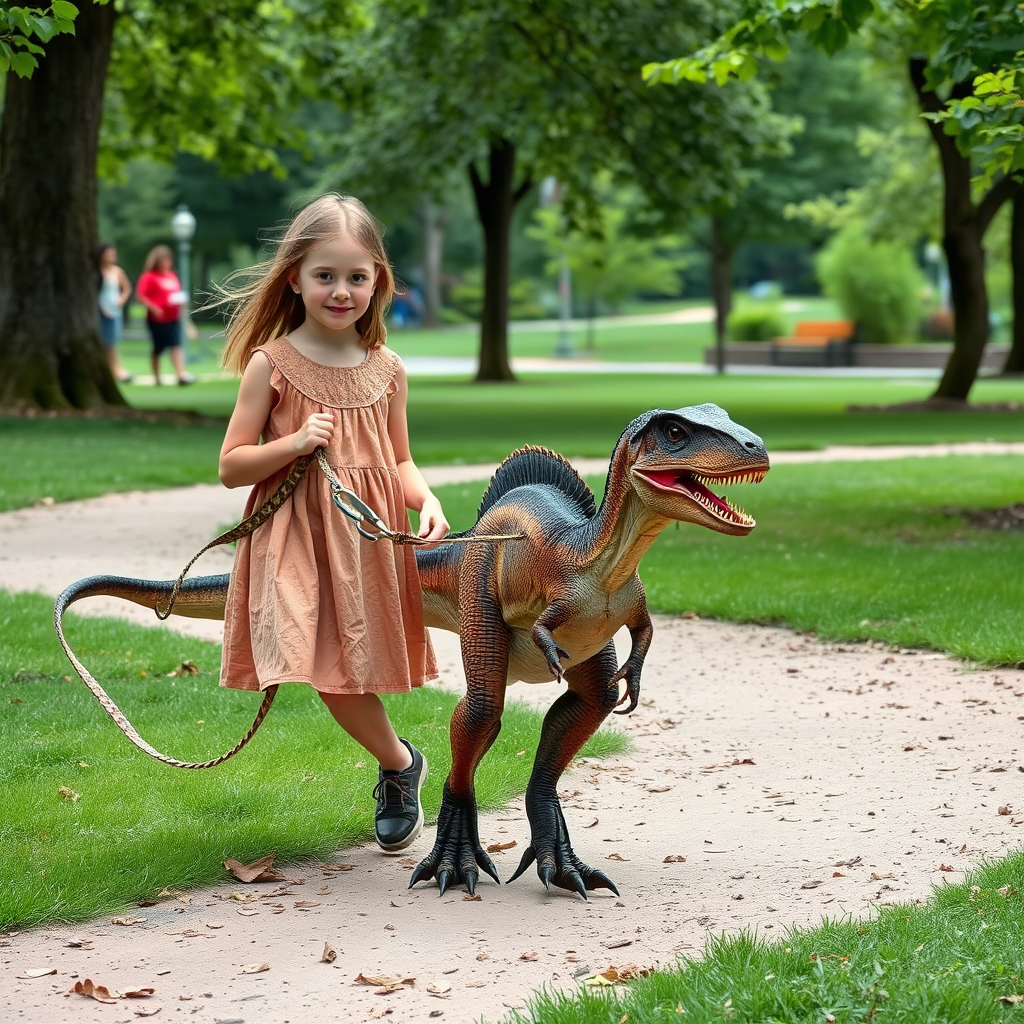 12 year old girl in a dress walking her pet Velociraptor on a leash through a park