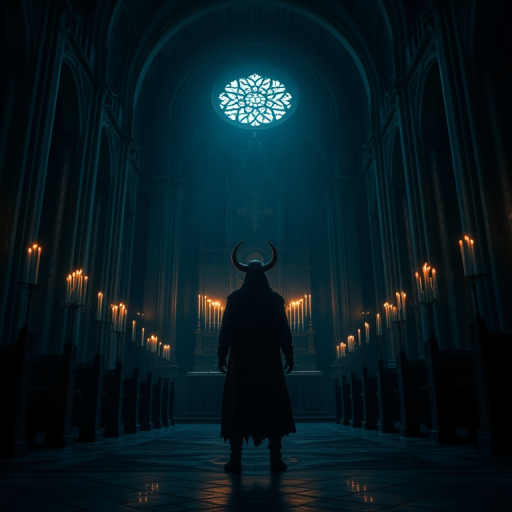 Dark fantasy scene of a figure with horns standing before a grand altar in a dimly lit cathedral decorated with flickering candles, captured with a Canon EOS R5, 24mm lens, f/2.8 aperture, ISO 200, in low-angle perspective, using dramatic lighting and high contrast to emphasize the ominous atmosphere.