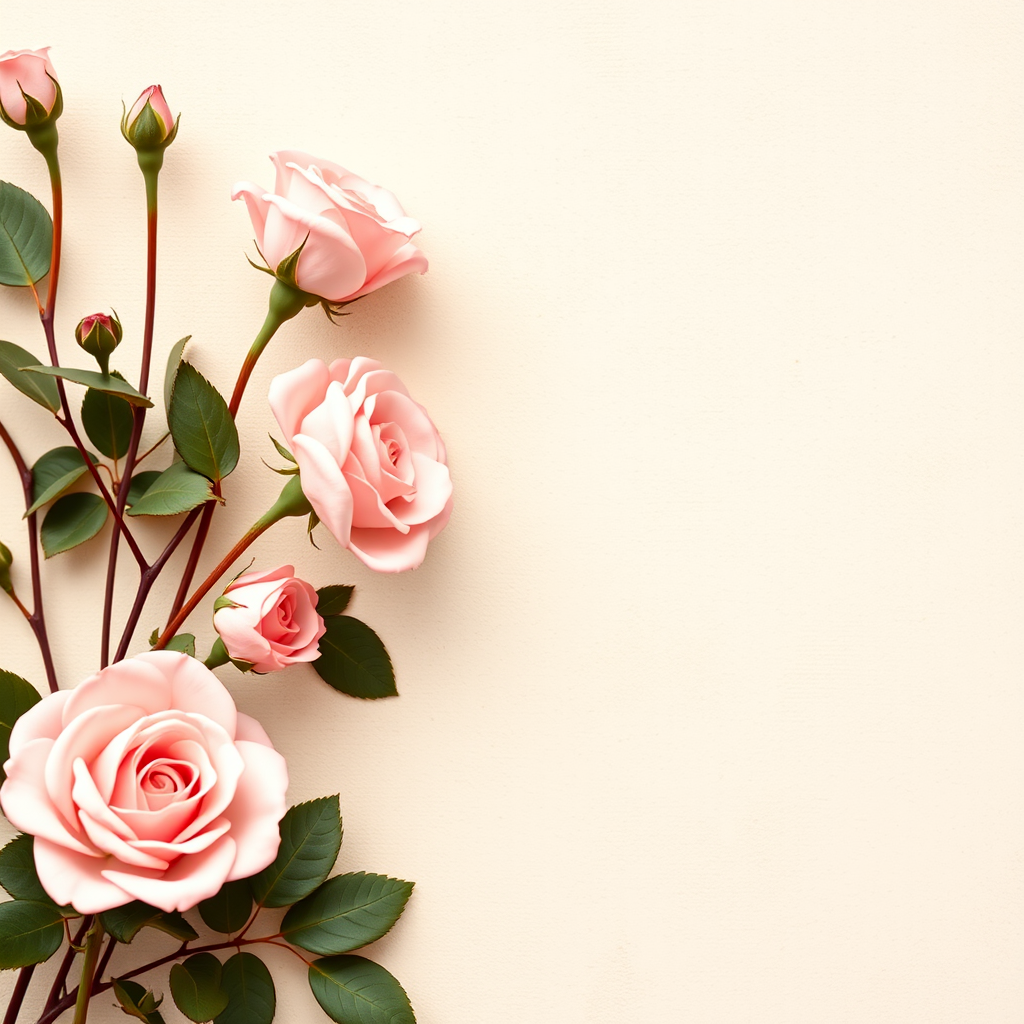 Create a soft-focus floral border design with delicate pink roses on a textured beige background, using a DSLR camera with a 50mm lens at f/1.8, ISO 100, and a wide-angle view to enhance detail and depth.