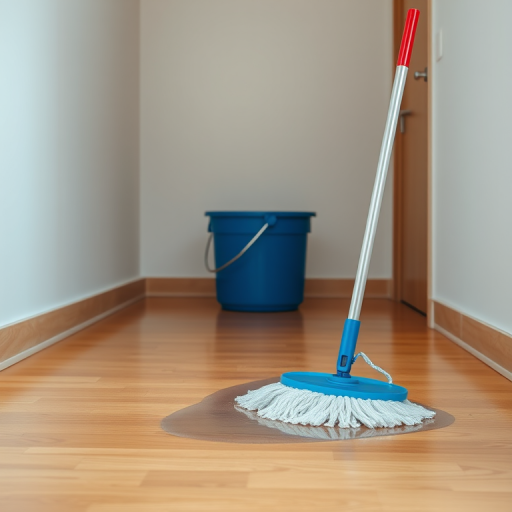 A clean room interior with a blue bucket, a mop with a red handle, and a puddle of water on polished wooden floor, captured from a slightly elevated angle using a Canon EOS R5 camera, with a 24mm f/1.4 lens, ISO 100, aperture f/5.6, and a shutter speed of 1/100 sec to enhance image clarity and detail.