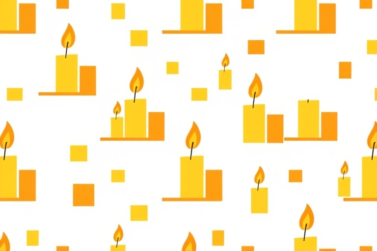 Create a seamless repeating pattern featuring stylized candles and rectangular shapes in hues of yellow and orange set against a white background, captured with a Canon EOS R5, using a 50mm f/1.8 lens, aperture set to f/8, ISO 100 for enhanced image clarity and detail.