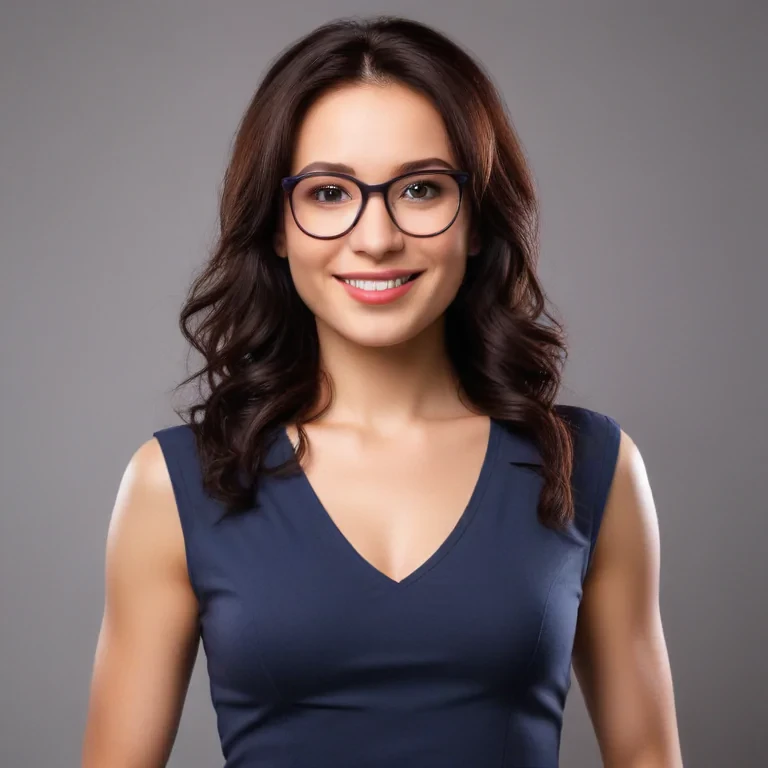 Confident Young Woman with Glasses Smiling Against a Neutral Background