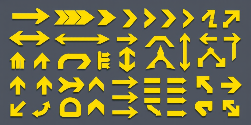 Create a high-resolution vector image of various yellow arrow designs including straight arrows, curved arrows, and triangular arrangements, using a DSLR camera with a 50mm lens, f/8 aperture, and ISO 100, shot in a top-down view with natural lighting for enhanced clarity.