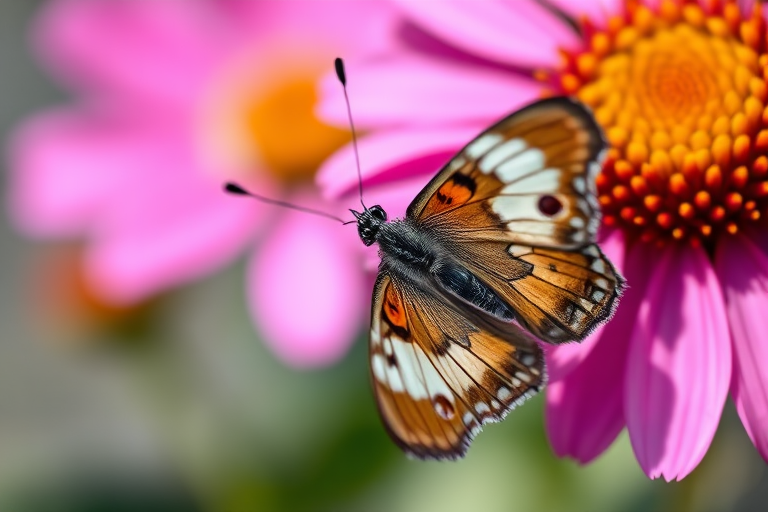 Close-up of a butterfly perched on a pink flower with a blurred background, natural light, ISO 100, f/2.8 aperture, 1/200 sec shutter speed, macro lens, DSLR camera, shallow depth of field.