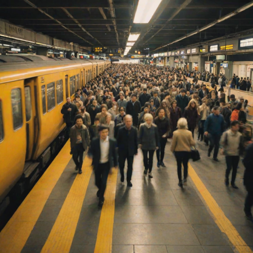 Blurry, fast-paced shot of a crowded train station during rush hour, people rushing by, heads down, the sound of footsteps and distant announcements, soft overhead lighting casting a yellow hue on the scene, a train pulling into the station in the background.