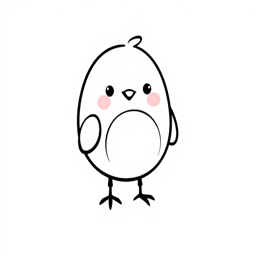 Cute cartoon bird with a round body and small feet, simplistic black outline, cheerful expression, standing on a textured white background.