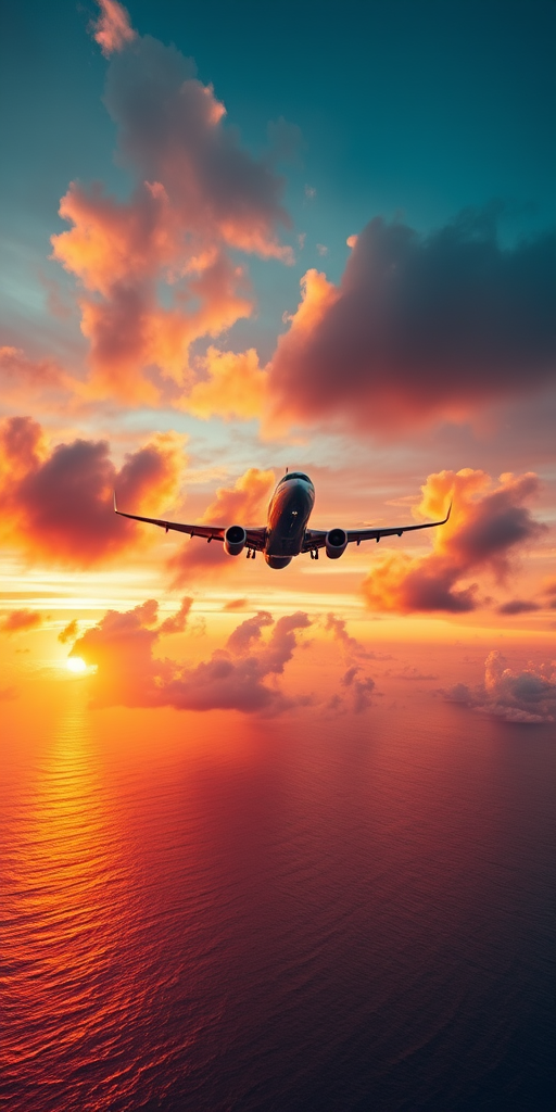 A commercial airplane flying above a vibrant ocean during sunset with dramatic clouds in the background, captured with a DSLR camera, 24mm lens, f/8 aperture, ISO 100, shutter speed 1/200s, aerial view, high-resolution digital photography.