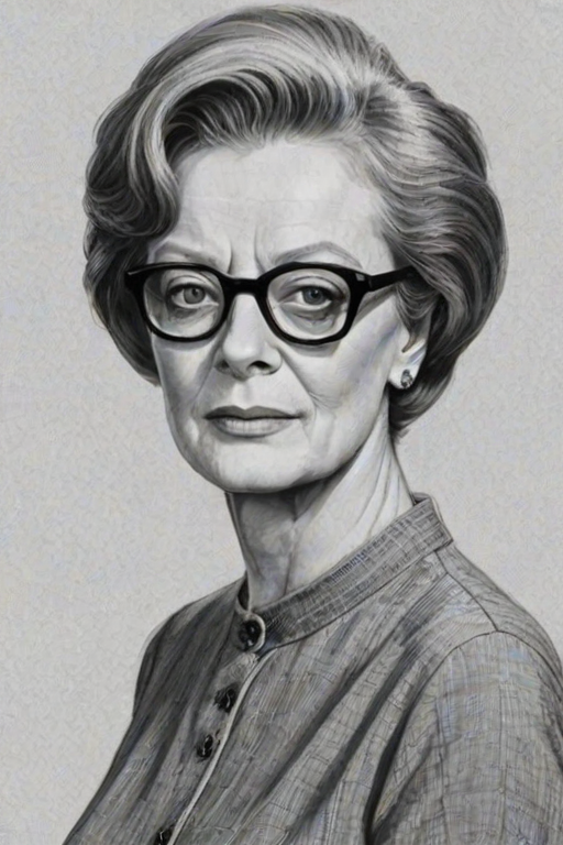 Elegant Maggie Smith, pencil sketch, portrait of Charming woman 1957s in glasses, hair style beatnik, outline, clear lines, fine lines, 8k