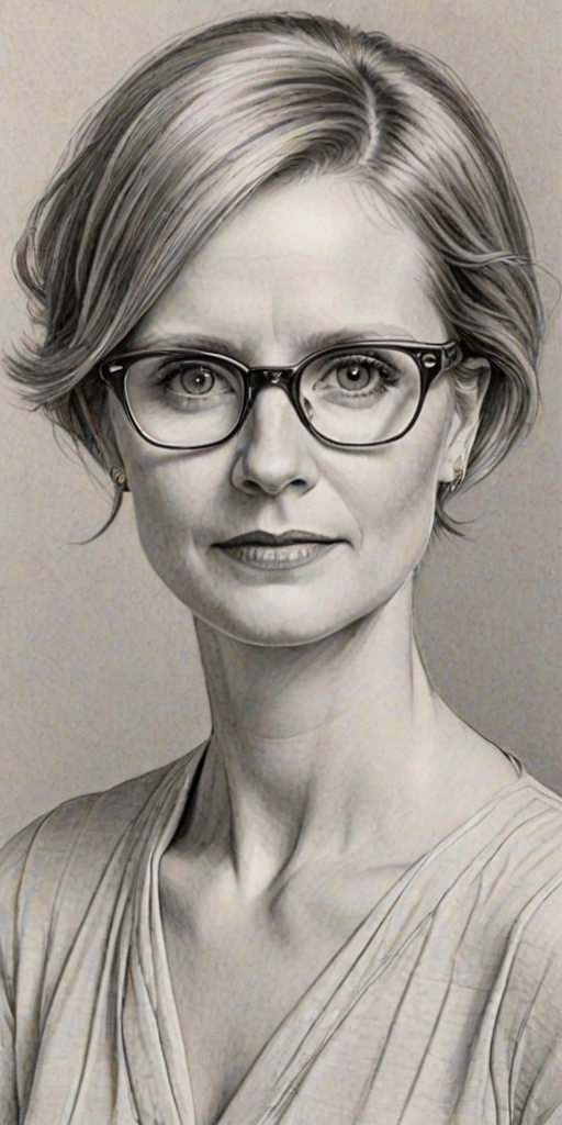 Attractive Cynthia Nixon, pencil sketch, portrait of Delightful woman 1932s in glasses, hair style beatnik, outline, clear lines, fine lines, 8k
