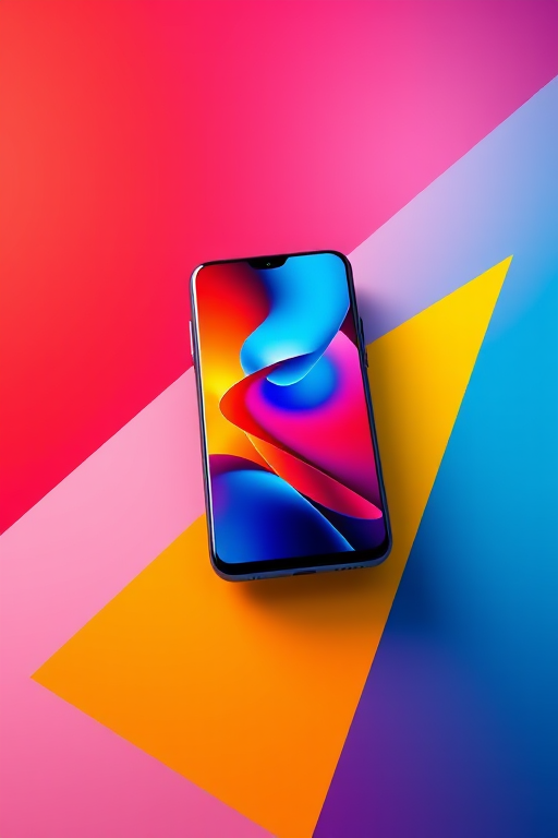generate a vibrant and abstract smartphone design featuring bold colors like red, blue, and yellow on a gradient background with geometric shapes, camera settings: f/2.8, ISO 100, 1/60s, camera view: close-up, camera style: high dynamic range, camera type: digital mirrorless