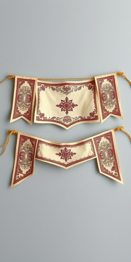 Create a high-resolution image of decorative vintage banners with intricate patterns, using a DSLR camera with a 50mm lens, aperture f/2.8, ISO 100, shot in macro mode and top-down view to capture fine details against a soft gray background.