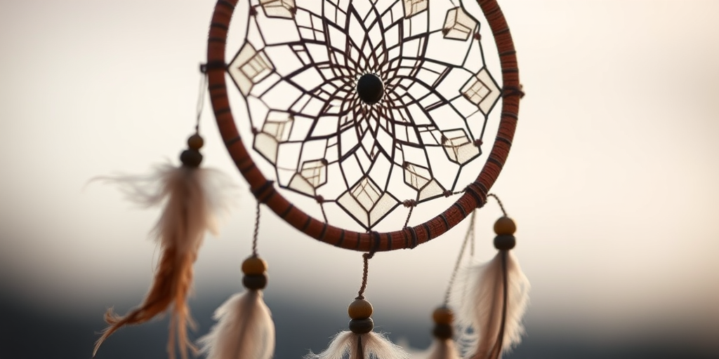 Create a highly detailed image of a dreamcatcher with intricate patterns and feathers, shot with a Canon EOS R5 at f/4, 1/125 sec, ISO 100, in a soft focus style from a slightly elevated angle to enhance color vibrancy and clarity.