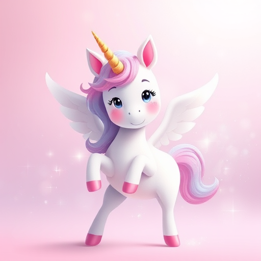 Create a whimsical illustration of a unicorn with wings, featuring a soft pastel color palette, in a playful pose, with a shimmering background, captured using a Canon EOS R5 at f/2.8, 1/200s, ISO 100, in portrait orientation for enhanced detail and depth.