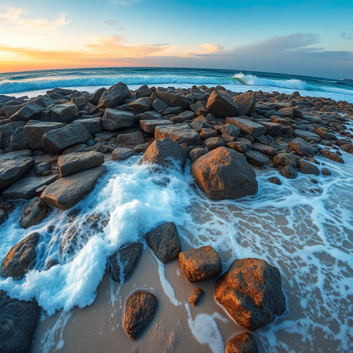 Regenerate an image of a rocky shoreline with waves crashing on the beach at sunrise, using a Canon EOS R camera, 24mm lens, f/11 aperture, ISO 100, 1/250s shutter speed, wide-angle view, and vibrant colors for enhanced image quality.