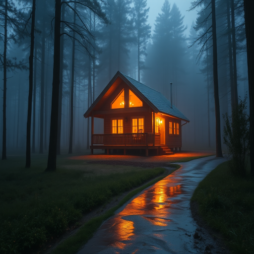 A cozy cabin in a misty forest at twilight, illuminated windows reflecting on a wet path, high-resolution, DSLR camera, f/2.8 aperture, ISO 100, 24mm lens, long exposure for smooth water effects, warm light contrast against cool tones, shallow depth of field.