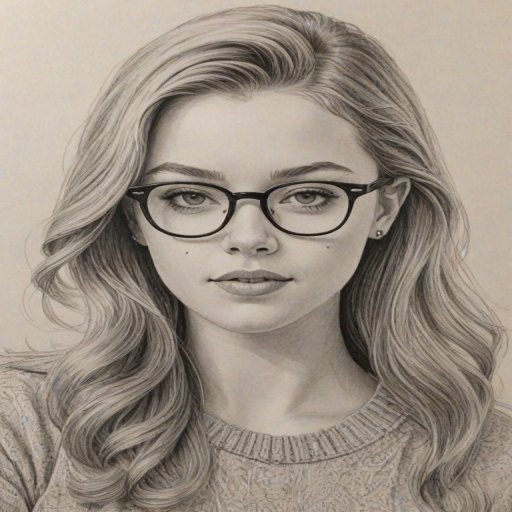 Stunning Jade Pettyjohn, pencil sketch, portrait of Charming woman 1959s in glasses, hair style beatnik, outline, clear lines, fine lines, 8k