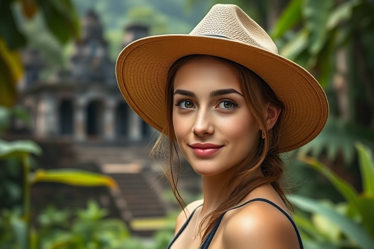 portrait of a young woman in a hat taken in a lush jungle setting with ancient ruins in the background, ISO 100, aperture f/2.8, shutter speed 1/200s, 50mm lens, natural light, DSLR camera, high resolution, focus on the subject's face with a soft bokeh effect in the background