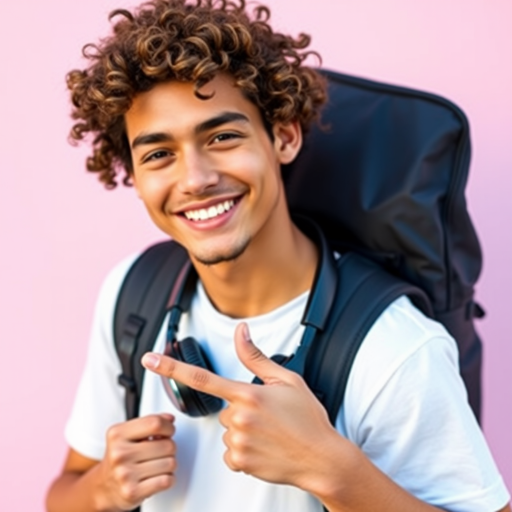 A young man with curly hair wearing a white t-shirt and headphones around his neck, smiling and pointing while holding a black backpack, captured with a DSLR camera, aperture f/2.8, shutter speed 1/250 sec, ISO 100, natural light, portrait view, shallow depth of field, soft pink background.