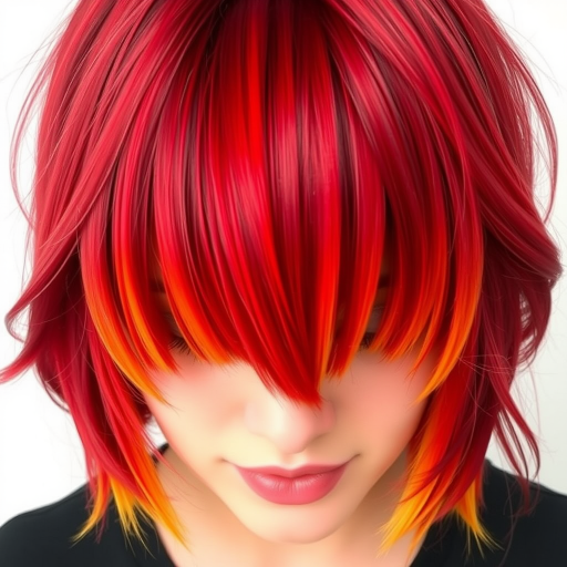 Fierce Flame Ombre Curtain Bangs framing the face with a bold transition from deep crimson roots to bright orange and yellow tips, creating a stunning fire-inspired effect