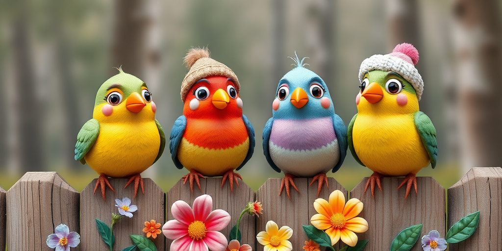 create a scene of 4 quirky  whimsical colourful comical birds each with a funny expression. they are sat on a wooden fence with colourful flowers. they are all different sizes. each one is a different colour  one is wearing a woolly hat. Each one has a different quirky google expression and there is a muted background of trees watercolour paintierly style high definition 8k resolution 3D paper mache