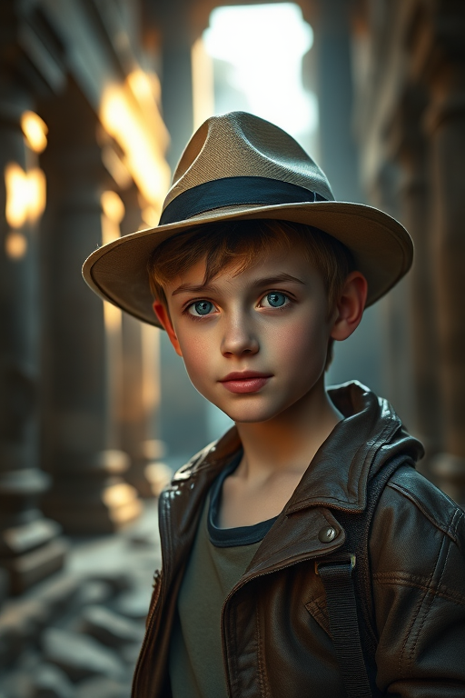 Portrait of a young adventurer with short hair wearing a hat and leather jacket, exploring an ancient temple with dramatic lighting, captured with a Canon EOS R5, 50mm lens, aperture f/1.8, ISO 100, natural light, shallow depth of field to enhance background blur.