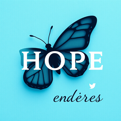 Create an artistic image featuring a large butterfly silhouette with the word HOPE in bold, modern typography and the word endures in a delicate cursive font, using a soft blue textured background; shot with a DSLR camera, 50mm lens at f/1.8, ISO 100, and natural light for a clean and vibrant appearance.