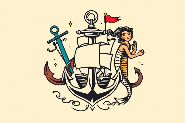 Traditional American tattoo style called "Sailor's Legacy" featuring bold outlines, limited color palette, and classic nautical imagery such as anchors, ships, and mermaids with a vintage aesthetic