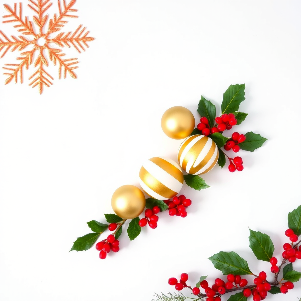 Create a festive holiday scene featuring a white background with decorative elements such as a snowflake pattern in the top left corner and an arrangement of gold and white striped Christmas ornaments along with red berries and green leaves scattered around the ornaments.